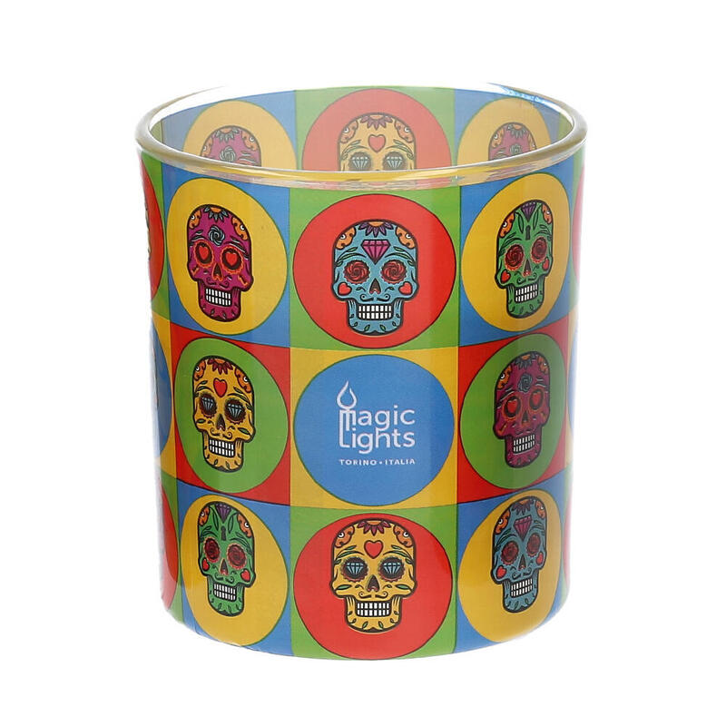 Vela en vaso pop art Ø7,5×8,4cm skull magic lights